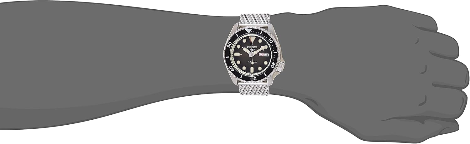 SEIKO SRPD73 Watch for Men - 5 Sports - Automatic with Manual Winding Movement, Black Dial with Black Bezel, Stainless Steel Case and Mesh Bracelet, 100m Water-Resistant, and Day/Date Display