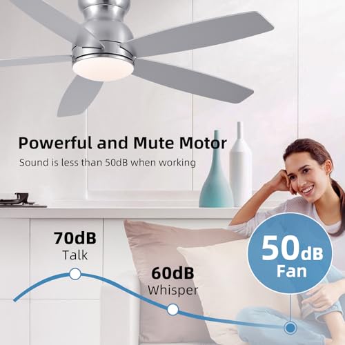 52 Inch Low Profile Ceiling Fans with Lights, Black Flush Mount Ceiling Fan and Remote, 3 Color LED Dimmable DC Reversible Modern Ceiling Fan for Living Room, Bedroom, Dining Room.