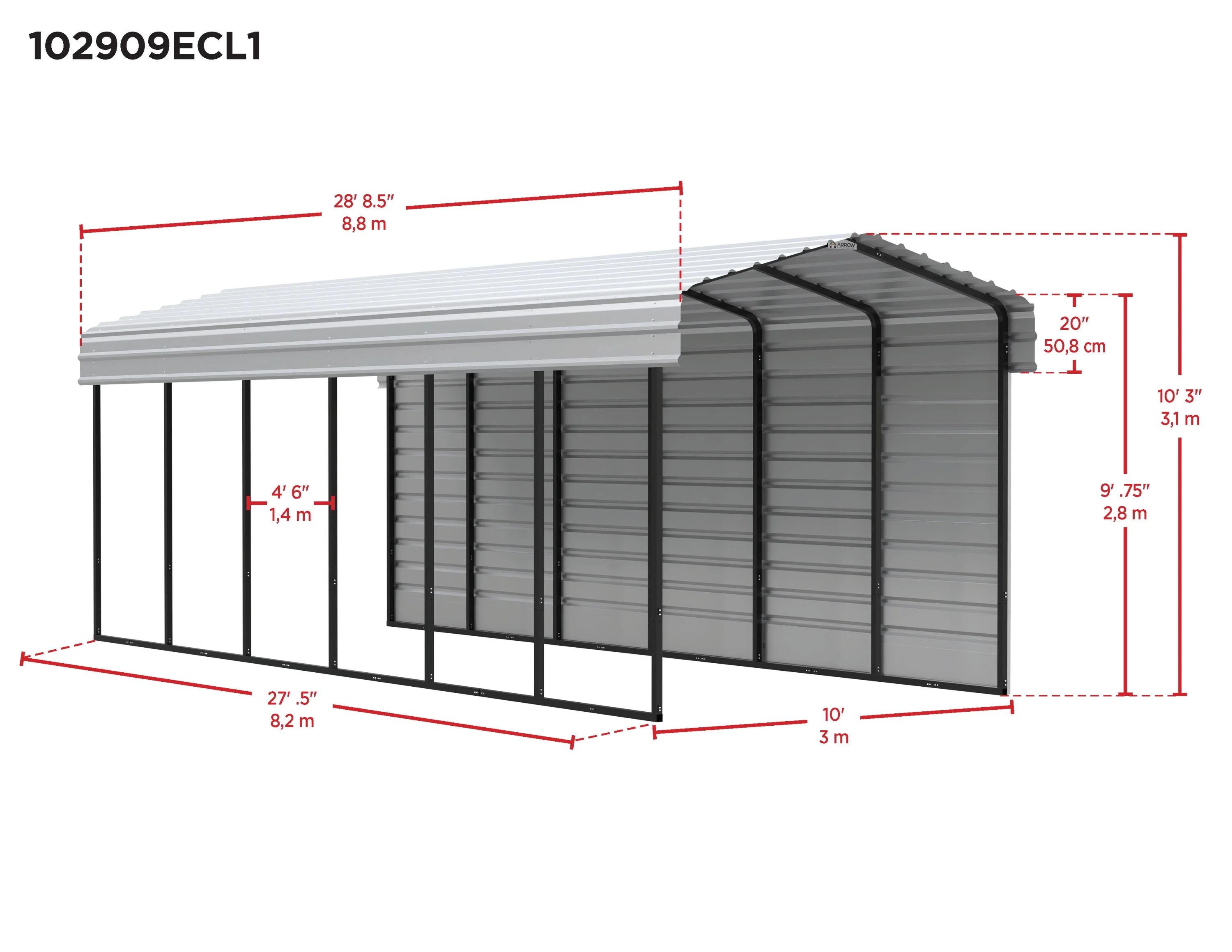 Arrow Carports Galvanized Steel Carport, with 1-Sided Enclosure, Compact Car Metal Carport Kit, 10' x 29' x 9' , Eggshell