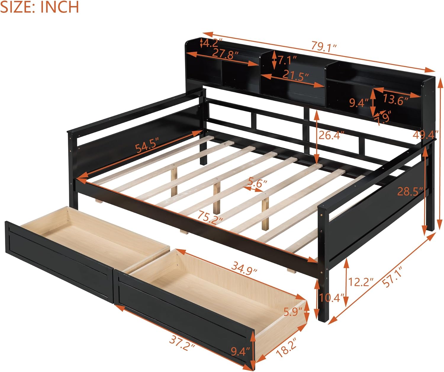 Full Size Wood Daybed with 2 Storage Drawers and Bedside Shelves, Sofa Bed Frame for Livingroom, Bedroom, Espresso