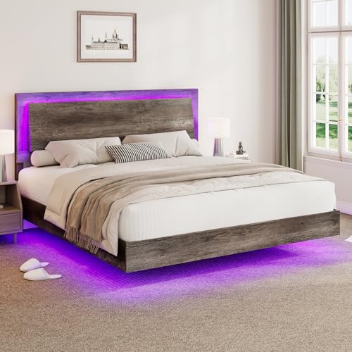 Full Size Floating Bed Frame, Farmhouse Platform Bed Frame with Headboard and LED Light/No Box Spring Needed/Noise Free/Easy Assembly, Rustic Grey