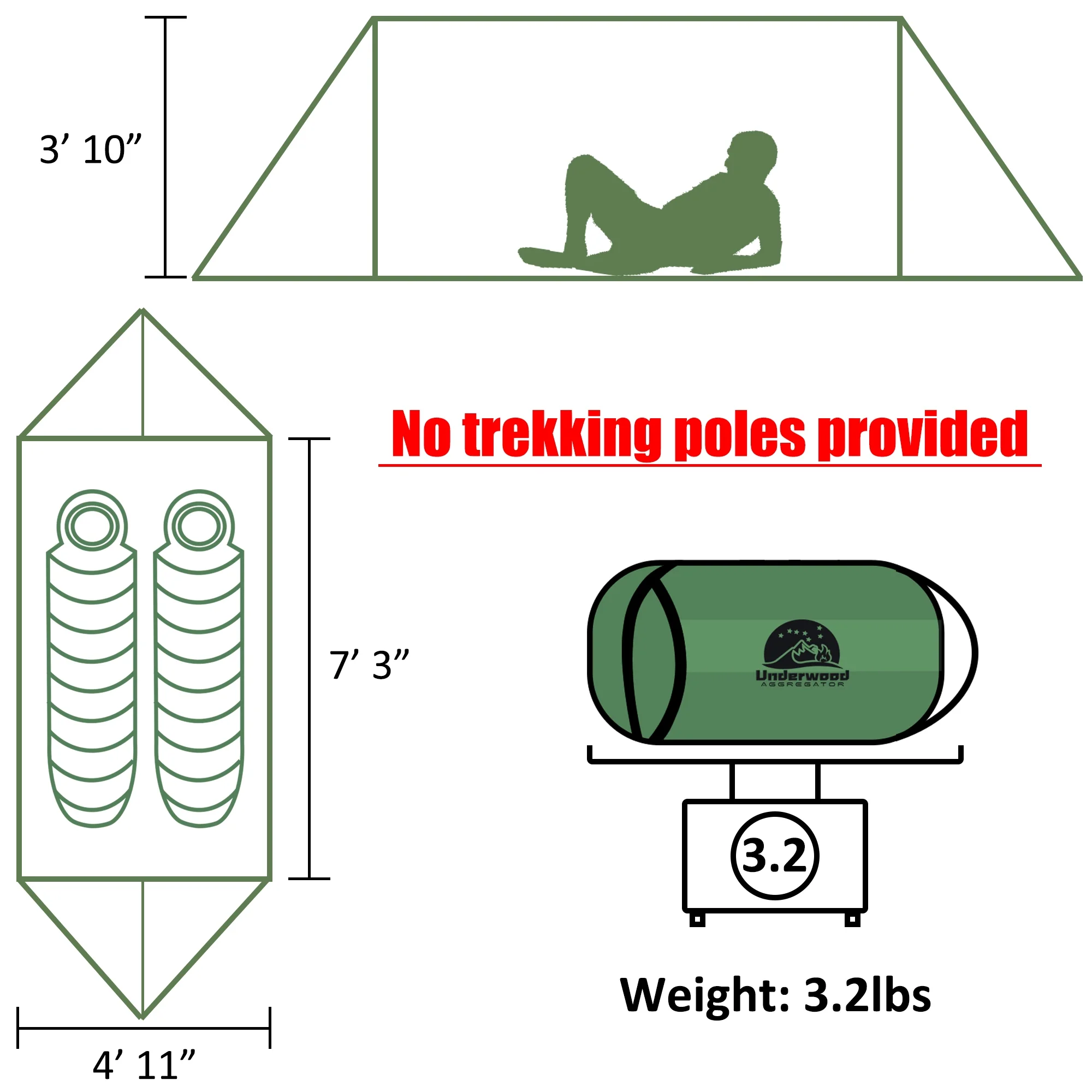 1 Person and 2 Person Trekking Pole Tent for Backpacking - Ultralight Backpacking Tent, Waterproof Hiking Tent for Camping  (NO Trekking Poles!!!)