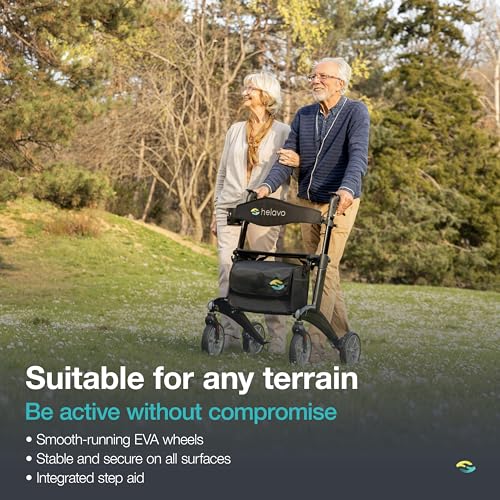 Helavo Ultralight Carbon Fiber 4-Wheel Rollator Walker for Seniors - Lightweight (12.3 lbs), 25.2" Width, 300 lbs Capacity, 8" Wheels, Foldable, Height Adjustable