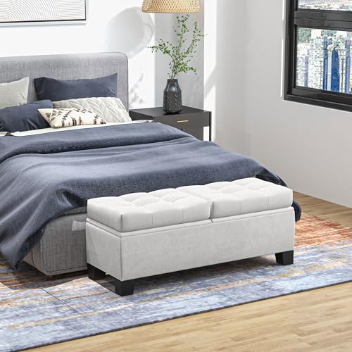 HOMCOM 46" Storage Ottoman Bench, Upholstered End of Bed Bench with Steel Frame, Button Tufted Storage Bench with Safety Hinges for Living Room, Entryway, Bedroom, Gray