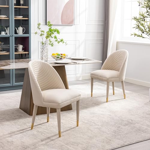 Upholstered Dining Room Chairs Set of 2, Modern Velvet Accent Chairs with Solid Wood Legs, Luxury Tufted Vanity Chairs with Back Leisure Side Chairs for Vanity Kitchen Living Room Bedroom Beige