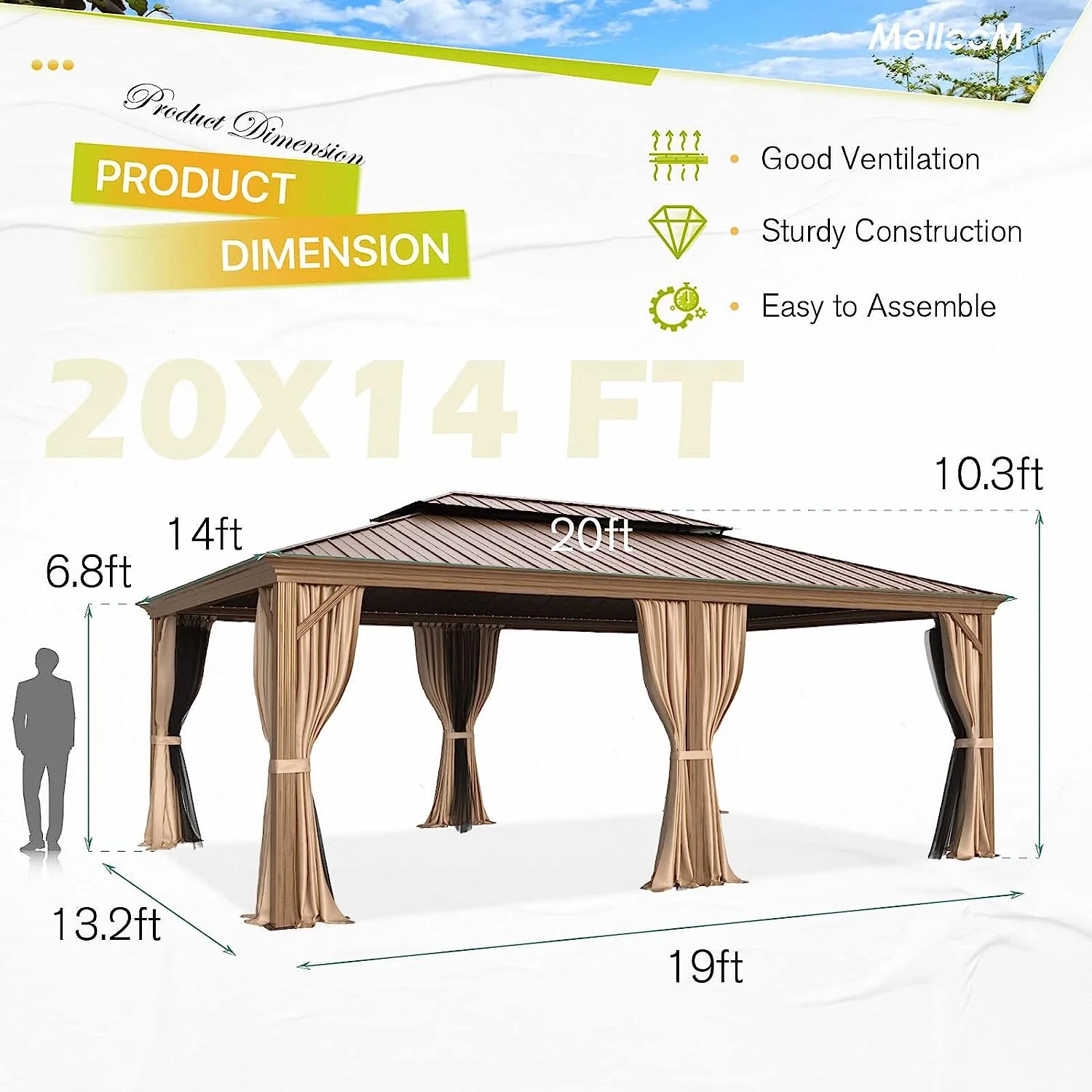 Erommy 14' x 20' Hardtop Gazebo, Wooden Finish Coated Aluminum Frame Canopy with Double Galvanized Steel Roof, Outdoor Permanent Metal Pavilion with Curtains and Nettings for Patio, Backyard and Deck