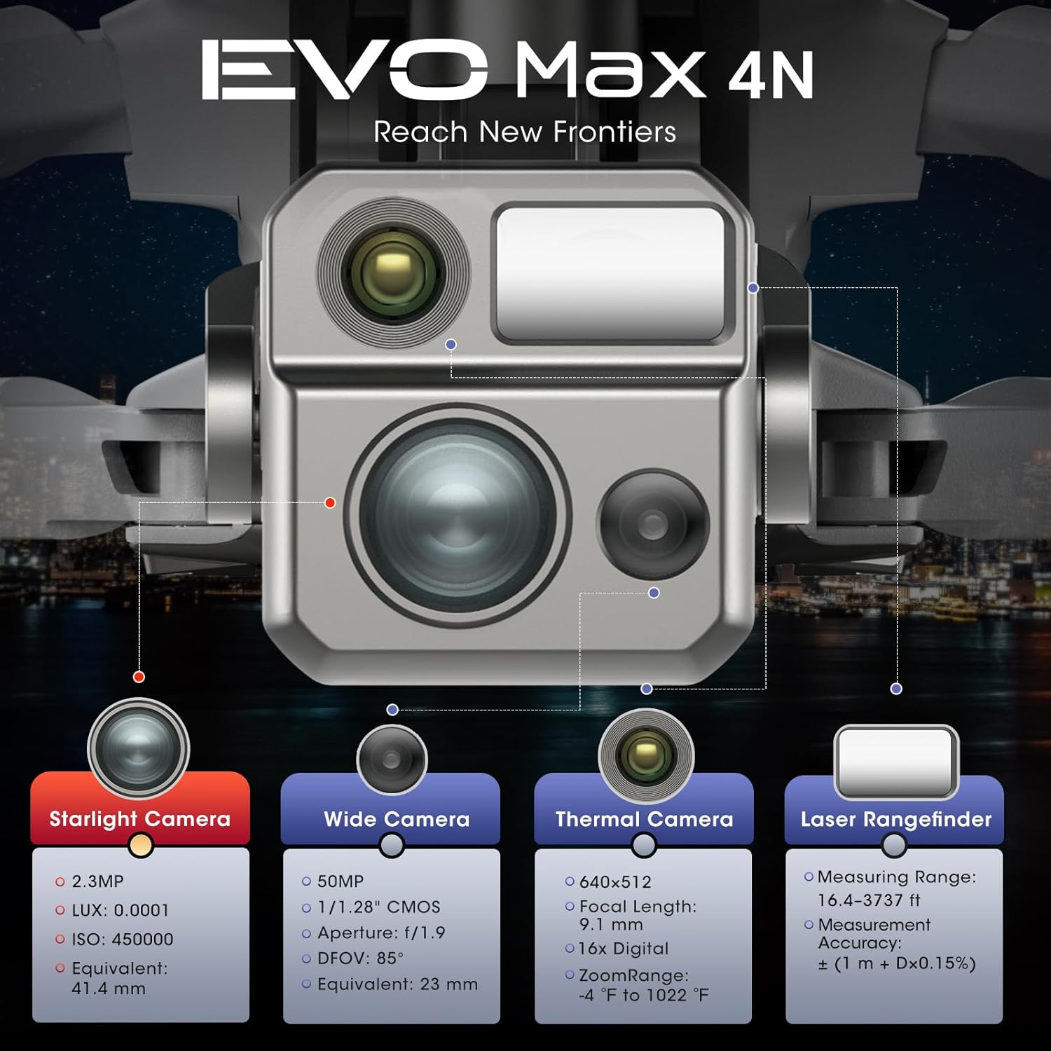 Autel Robotics EVO MAX 4N Drone, Starlight Night-Vision/Wide/Thermal/L~aser 4 Cameras in One UAV, A-Mesh 1.0, 720° Obstacle Avoidance, Triple Anti-Jamming, Hot-Swappable, 42 Mins, IP43, Autel SDK