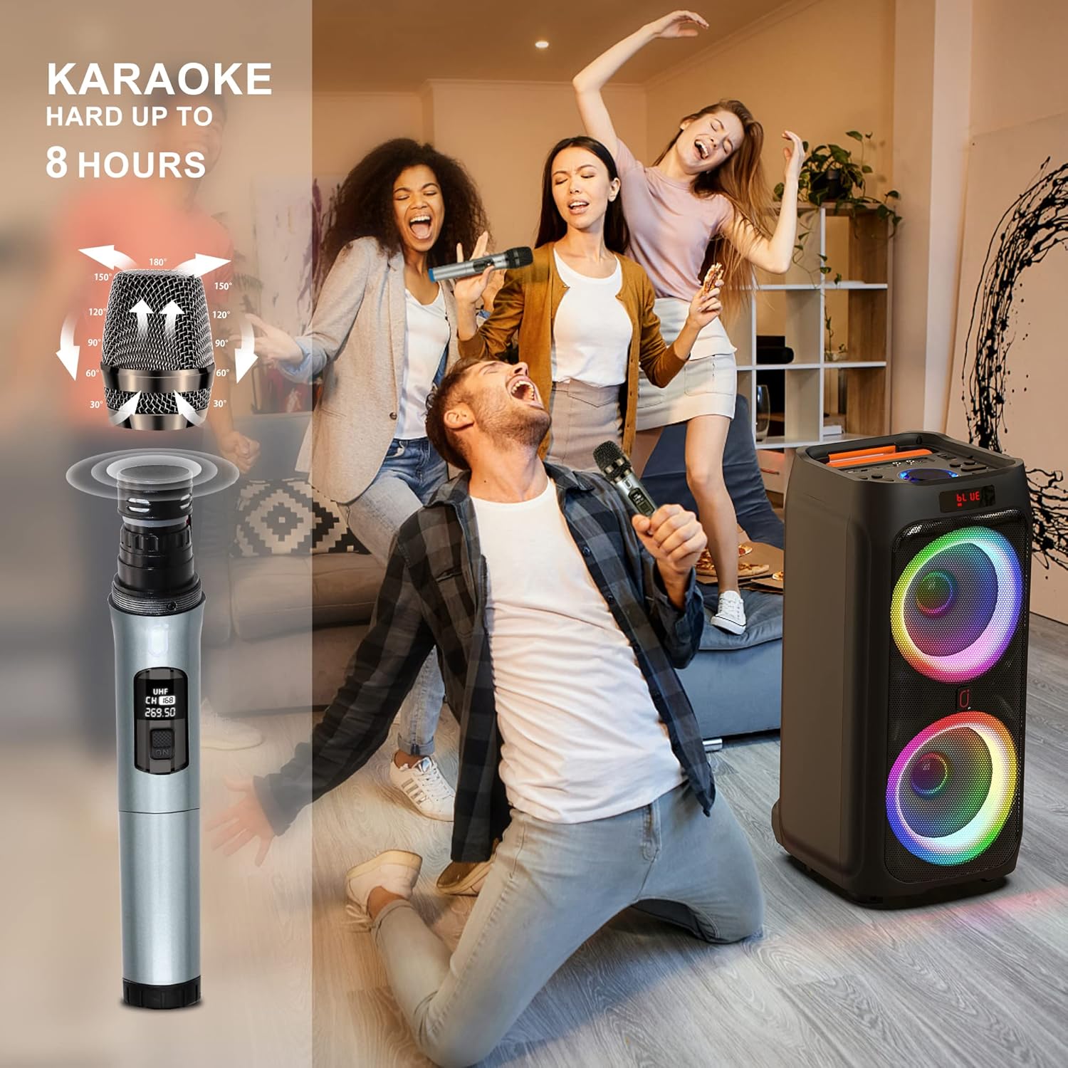 JYX Karaoke Machine with 2 Wireless Microphones for Adults, 8" Big Bluetooth Party Speaker with 500W Peak Power,PA System with DJ Light, Rolling Wheels and Trolley,Perfect for Outdoor