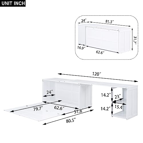 Queen Size Murphy Bed with Rotable Desk, Floor Low Murphy Bed with Desk, Wood Murphy Bed Folding Wall Bed for Home Office Small Room, White