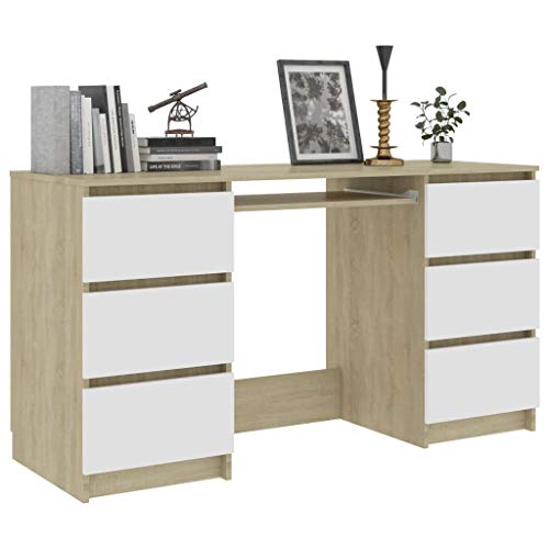 Chipboard Writing Desk with 6 Drawers Computer Desk Worktable Console Table Space Saving Design Reading Table Office Desk Side Table for Living Room Bedroom Office Tiny House 55.1" x 19.7" x 30.3"