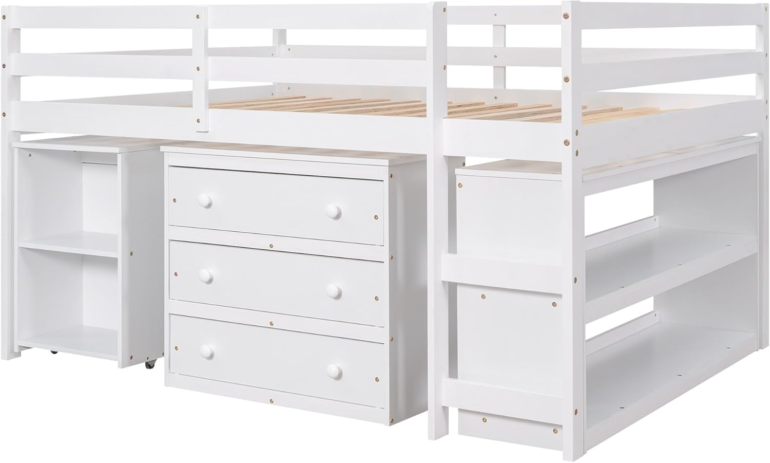 Full Size Low Loft Bed with Cabinet Shelves and Rolling Portable Desk White Mid-Century Modern Contemporary Unisex Nature Sports MDF Pine Varnished Hidden Storage Includes Hardware