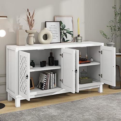 P PURLOVE Sideboard Storage Cabinet, 4 Door Buffet Cabinet with Pull Ring Handles, Large Storage Space Sideboard with Adjustable Shelves for Living Room, Dining Room (Black)