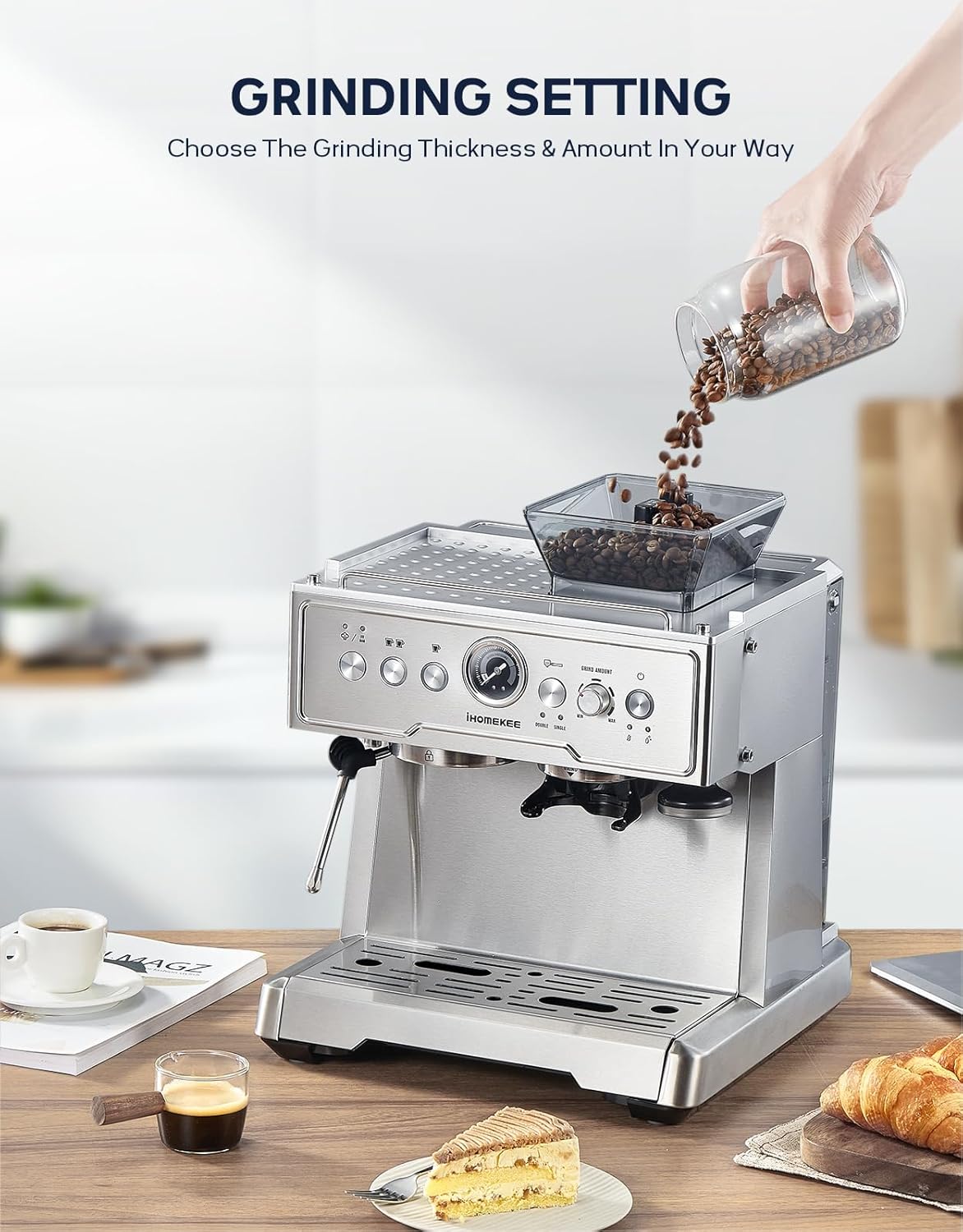 Espresso Coffee Maker With Grinder, 20 Bar Semi-Automatic Espresso Machine With Milk Frother Steam Wand, Professional Cappuccino Latte Machine For Home, Office, Brushed Stainless Steel