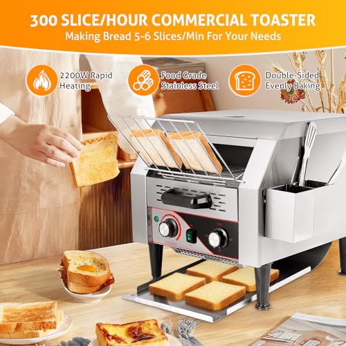 WICHEMI Commercial Toaster 300 Slices/Hour Conveyor Restaurant Toaster 2200W Electric Conveyor Toaster for Bun Bagel Bread Heavy Duty Stainless Steel Conveyor Toaster