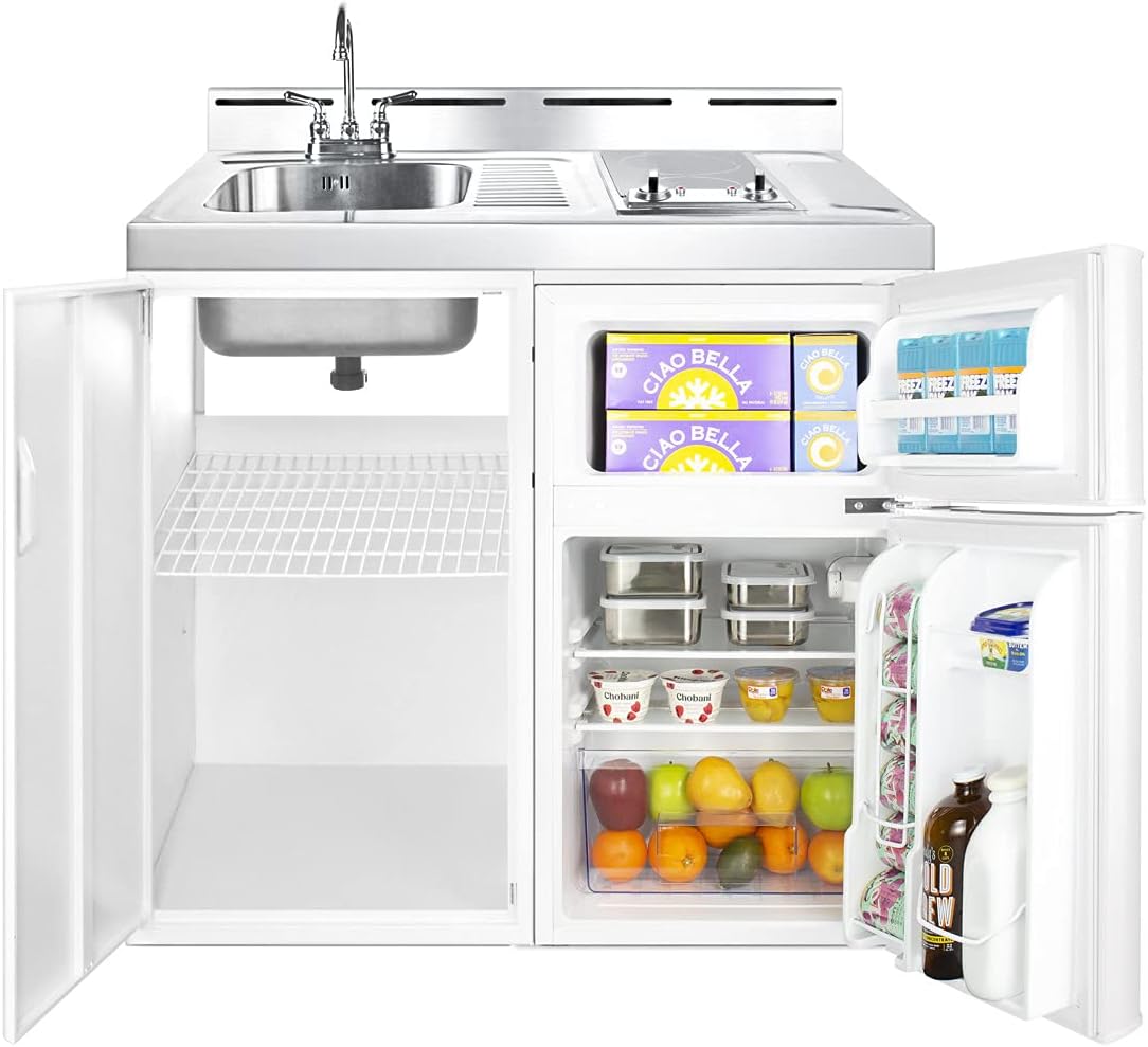 Summit C39ELGLASS 39"" All-In-One Kitchenette with 2 Element Smooth-top Cooktop Refrigerator-Freezer Stainless Steel Sink and Storage Cabinet in White