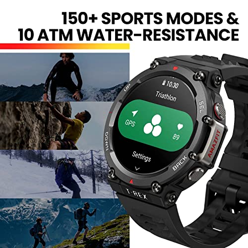 Amazfit T-Rex 2 Rugged Smart Watch, Military Certified, GPS, 24-Day Battery Life, Heart Rate, VO2, SPO2 Monitoring, Pacer, Altitude, 10 ATM Water-Resistant, Sleep Monitoring (Black)