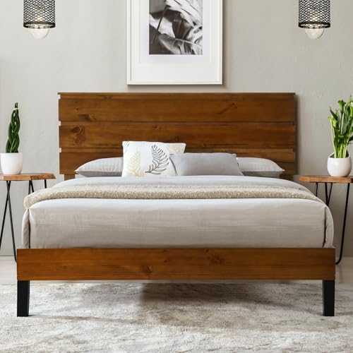 Farmhouse Full Size Bed Frame w/ 45.5" Tall Headboard, Rustic Wood Platform Bed with Wood Slats Support, Noise Free, Mattress Foundation, No Box Spring Needed, Full
