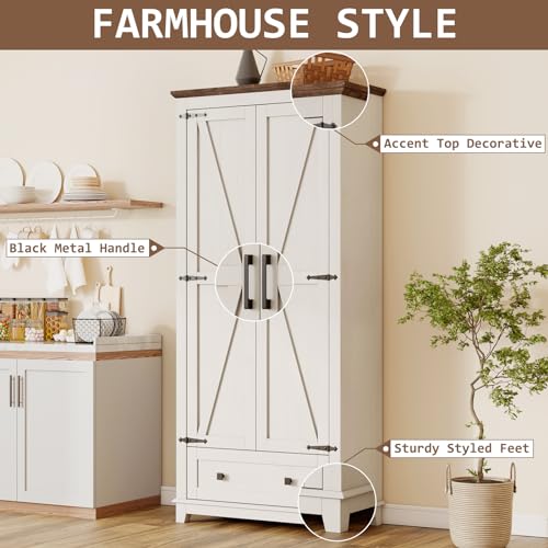 Farmhouse Kitchen Pantry Cabinet, 72" Tall Storage Cabinet with Adjustable Shelves & Barn Doors, Freestanding Kitchen Cupboard for Dining Room, Living Room, Barnwood+White