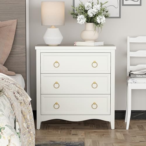 Farmhouse 3-Drawer Dresser, Fully-Assembled French Country Chest of Drawers with Embossed Geometric Lines, Rustic Dresser for Bedroom, Living Room, White