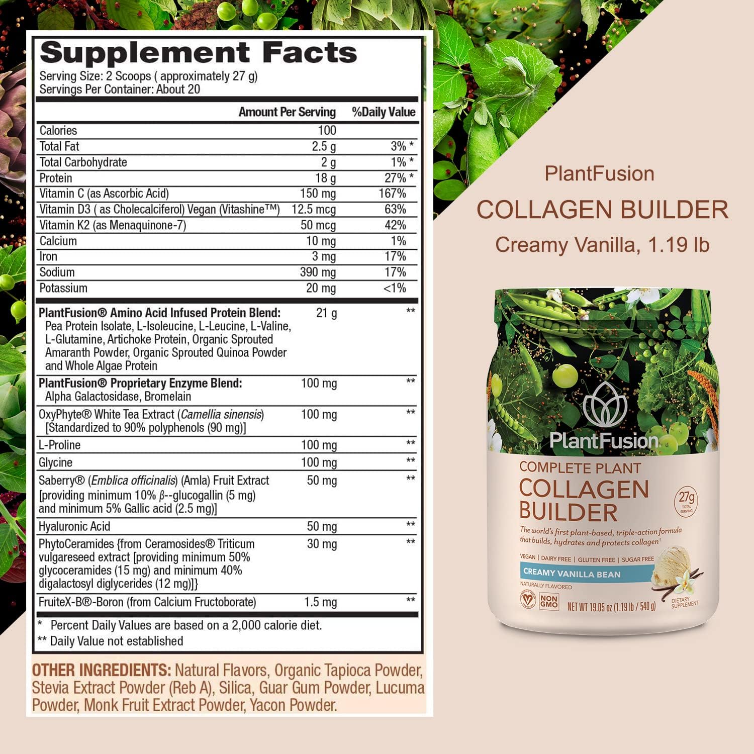 PlantFusion Vegan Collagen Powder, Plant Based Collagen Powder + Vegan Protein for Muscle & Joints, Hair, Skin & Nails, 20 Servings, Vanilla 1.19 lb Pack of 2