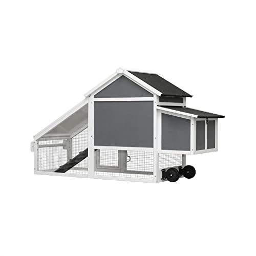 Large Wooden Chicken Coop Outdoor, 70" Chicken Hutch with Wheels, Removable Tray, Ramp, Waterproof, Rabbit Hutch, Bunny Hutch, Pet House for Small Animals(Gray)
