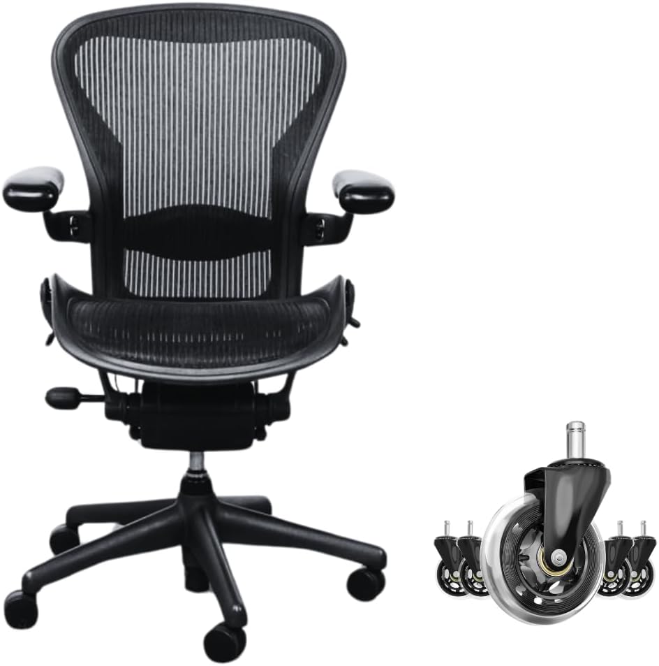 Aeron Classic Herman Miller Office Chair Size B (Medium) - Black with Free Roller Blade Style Wheels | Fully Adjustable, Quick Assembly, (Renewed)