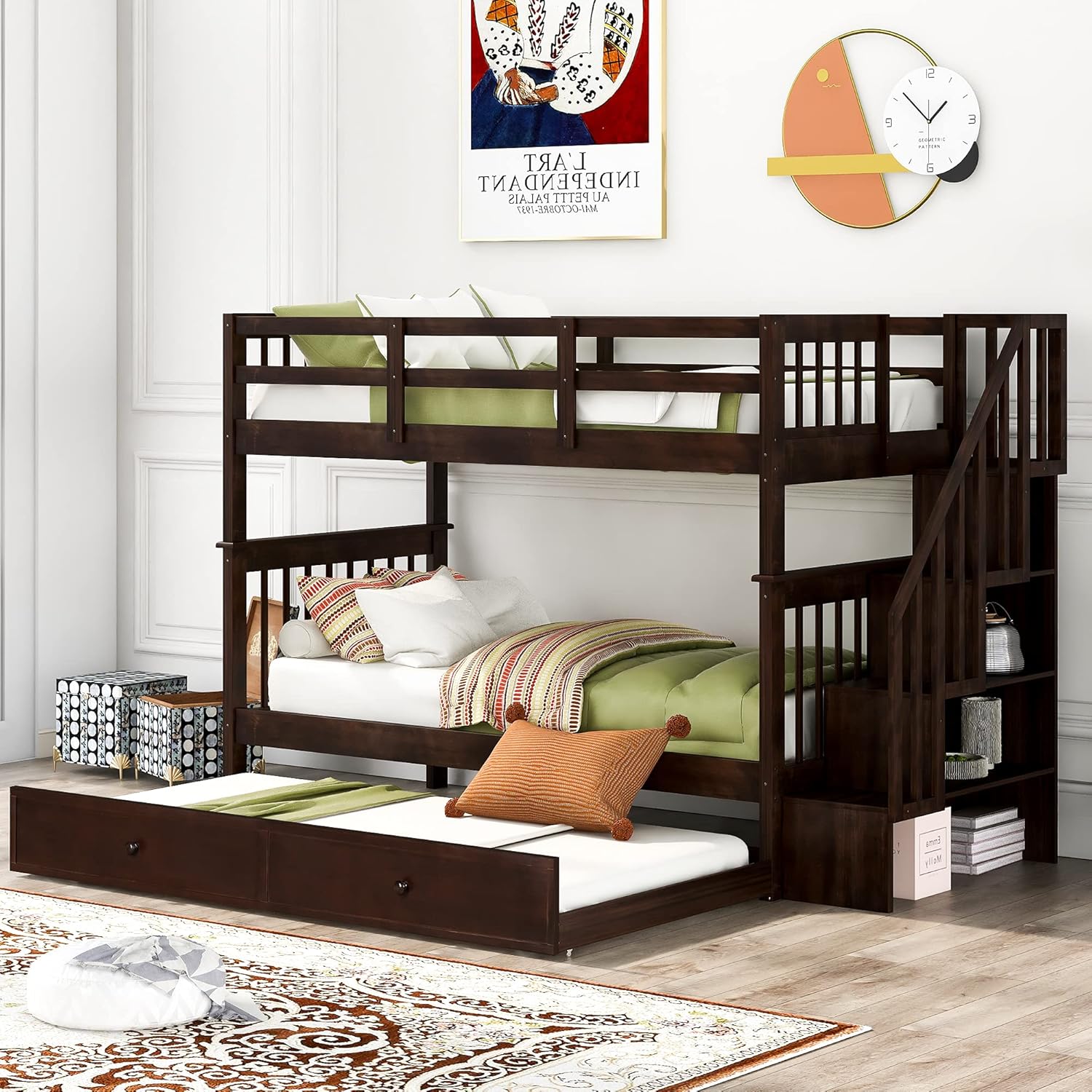Merax Solid Wood Twin-Over-Twin Bunk Bed, Trundle Bunk Bed with 3 Storage Drawers, Staircase and Safety Guard Rail for Boys, Girls, Kids, Teens and Adults (Espresso)