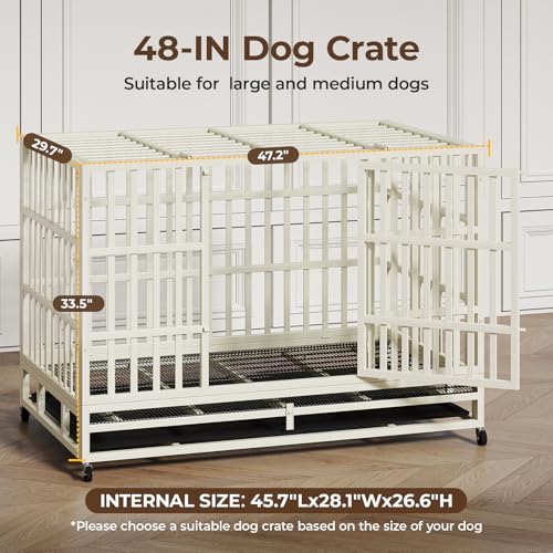 48 Inch Heavy Duty Indestructible Dog Crate Steel Escape Proof, Indoor Double Door High Anxiety Cage, Kennel with Wheels, Removable Tray, Extra Large XL XXL