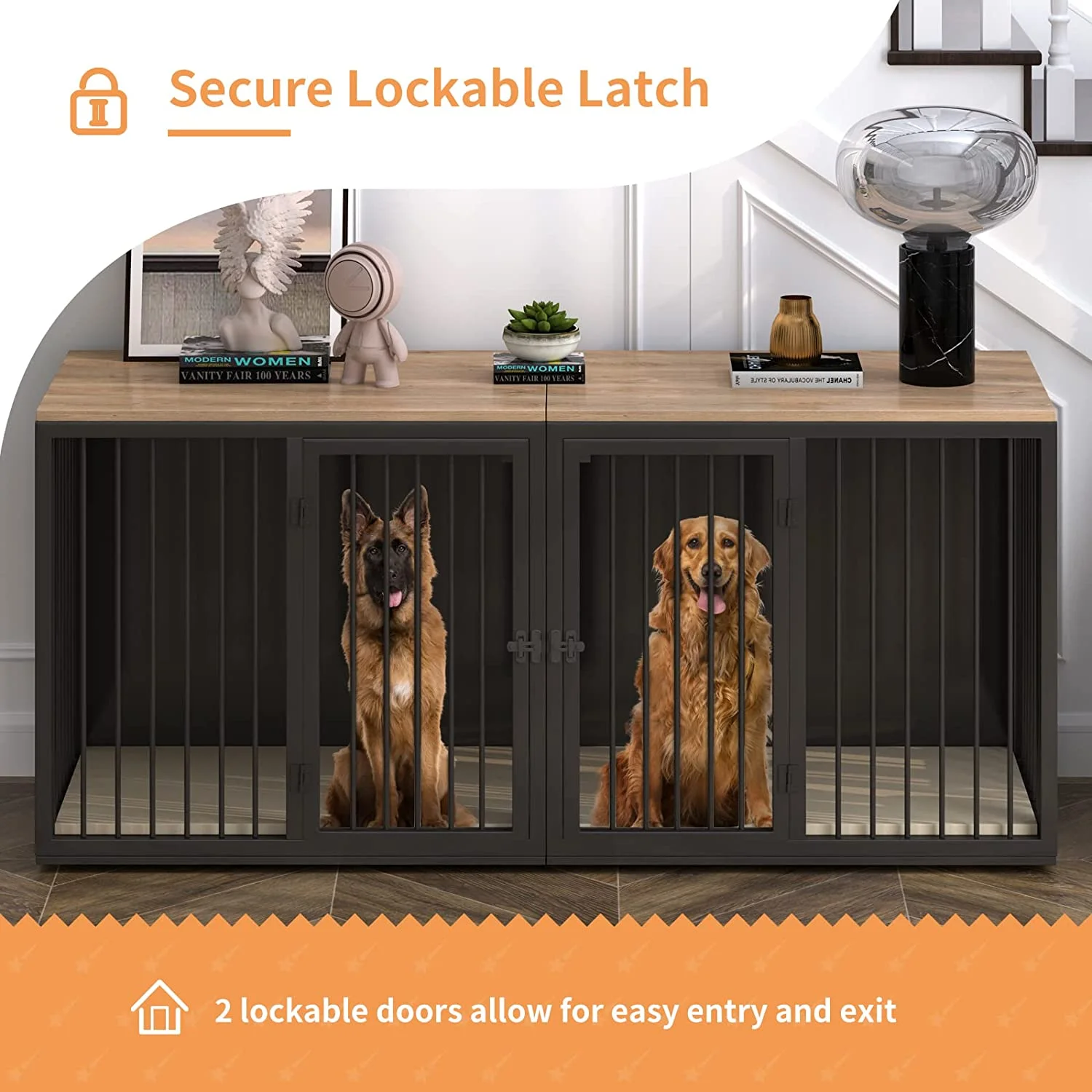 Cuoote Dog Crate Furniture for 2 Dogs, Large Kennel Furniture with Partition and Double Cage, 71.6" All-Steel Frame and Wooden Top Kennel, Suitable for Medium and Large Dogs (Black)