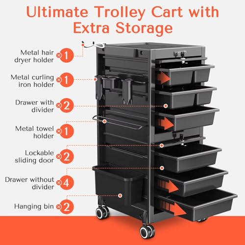 TASALON Lockable Beauty Salon Cart - Salon Stations for Hair Stylist, Salon Trolley with 6 Drawers and Tool Holders, Rolling Cart with Wheels, Lock and Door, Tool Cart for Barber Station, Pink