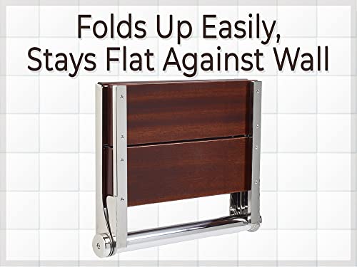 Teak Shower Seat - Type 304 Stainless Steel/Contoured 1" Natural Wood Slats/ADA Folding Wall Mount Bench/Matte Black / 18" x 16"