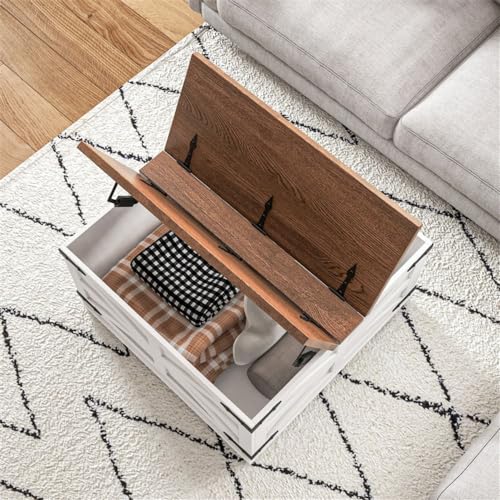 Farmhouse Square Storage Coffee Table with Hinged Lift Top Rustic Wood Center Table with Hidden Storage Compartment & Barn Door Panel Coffee Table for Living Room, Distressed White&Brown