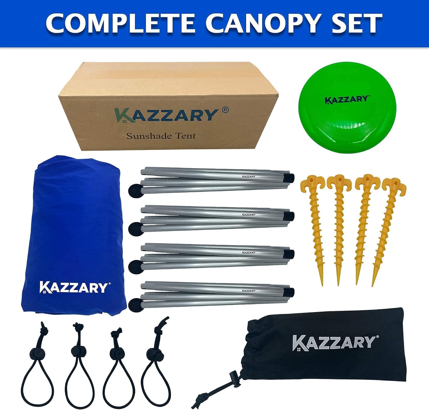 KAZZARY Beach Tent Pop Up Canopy Sun Shelter UPF50+ Lightweight Outdoor Shade with Frisbee Shovel, Ground Pegs and Stability Poles, Portable Set For Family Fun Trips (7.2 X 8.2 FT 4 Pole, Bright Blue)