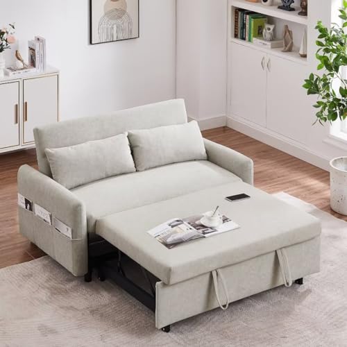 55.1" Pull Out Sleep Sofa Bed Loveseats Sofa Couch with Adjsutable Backrest, Storage Pockets, 2 Soft Pillows, w USB Port/Pull Out Bed, Bedroom, Apartment, Office