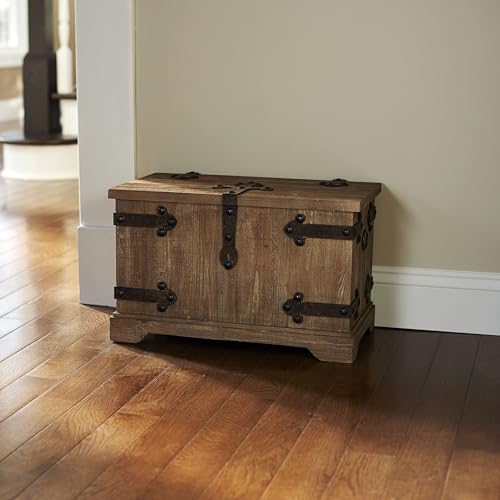 Household Essentials Decorative Trunk, Rustic, Large, Wood Frame and Metal Siding, Spacious and Handmade, Fully Opening Lid, Black Interior, Driftwood and Silver