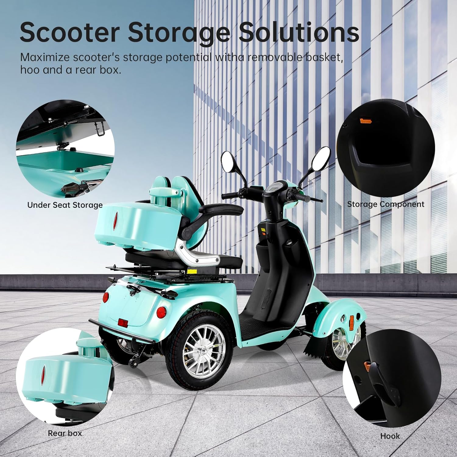 800W Heavy Duty 4 Wheel Mobility Scooters for Seniors & Adults 500lbs Capacity, Powered Mobility Scooters with 3-Speed Control & USB Charger Port, Under Seat Storage, Green