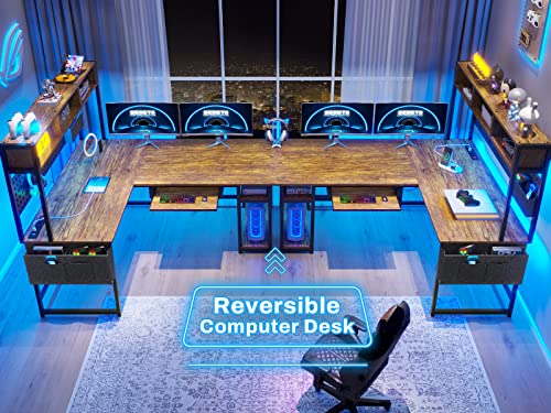 SEDETA L Shaped Gaming Desk, Reversible Computer Desk with Power Outlet and Pegboard, Gaming Desk with Led Lights, Keyboard Tray and Storage Bag for Home Office, Black
