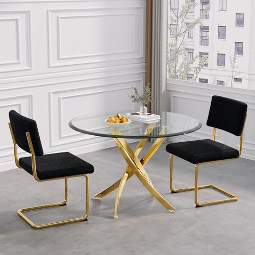 Glass Dining Table Set for 4, 5 Piece Kitchen & Dining Room Set, Modern Kitchen Table and Chairs Set with 36" Round Glass Table and 4 White Silver PU Leather Chairs for Dining Room Kitchen