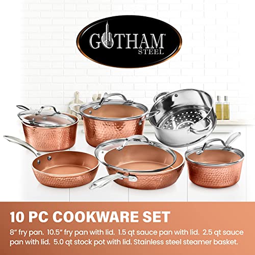 Gotham Steel Hammered Copper 10 Pc Pots and Pans Set Non Stick Cookware Set & Hammered Copper 12 Inch Nonstick Skillet, Aluminum
