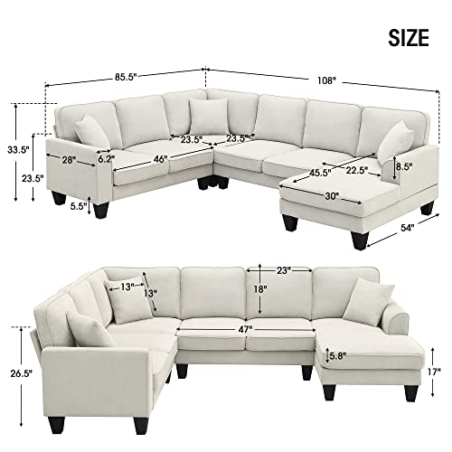 Sectional Couch-108 Modern U Shape Sectional Sofa, 7 Seat Modular Sectional Sofa with 3 Pillows, for Living Room, Apartment, Office