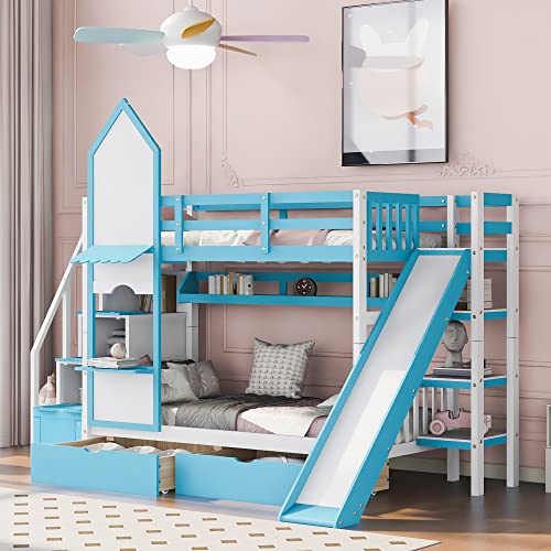 Twin Over Twin Floor Bunk Bed, Ladder with Storage, Wood Bunk Bed, Gray ，Queen Bed