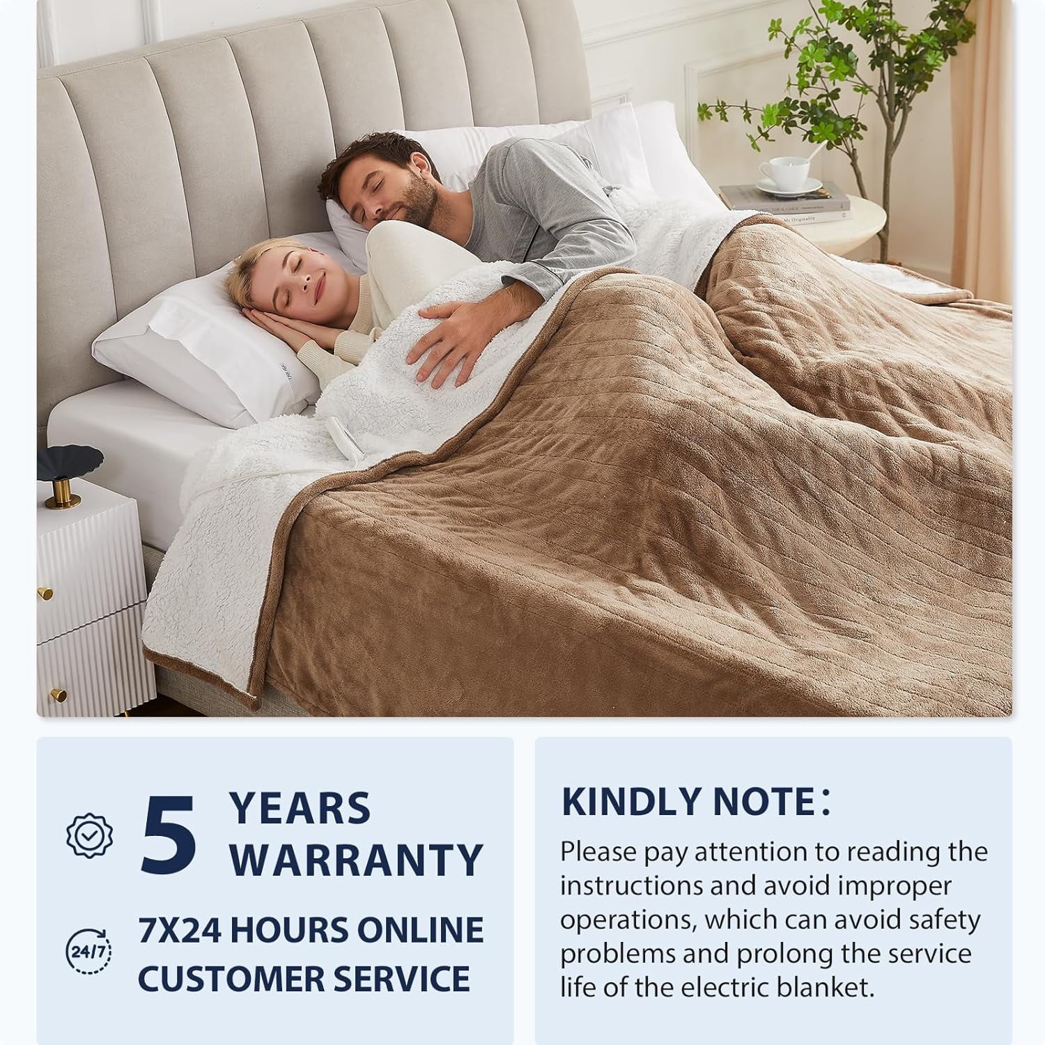 Homemate Electric Heated Blanket King Size , 100"x90" Heating Bed Blankets with 10 Heating Levels 8 Hours Auto Off Fast Heating Over-Heated Protection Ultra Soft Warm Flannel ETL Certified, Beige