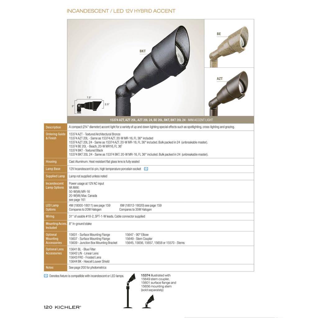 Kichler 15374AZT Accent 1-Light 12V, Textured Architectural Bronze