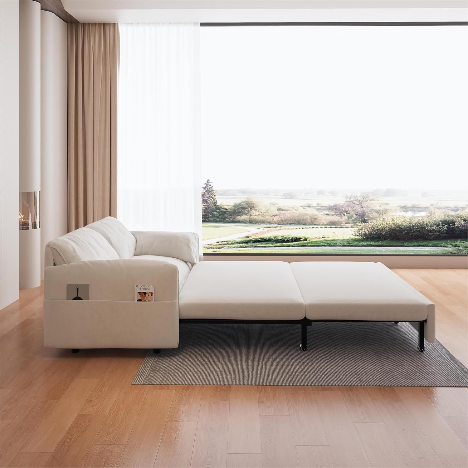 63.8" Futon Sofa Bed Queen Size, Pull Out Bed, 3-in-1 Convertible Sleeper Sofa with Side Pocket, Modern Velvet Futon Couch for Living Room, Small Space, Apartment, Bedroom, Beige