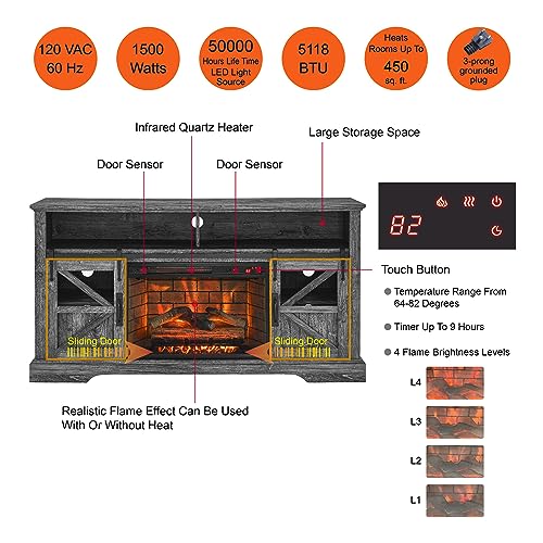Fireplace TV Stand Cabinet,Wood LED Light Entertainment Center Electric Fireplace Heater for 400Sq.ft., Modern Farmhouse tv Console with Fireplace for TVs Up to 70", Home Living Room Decor