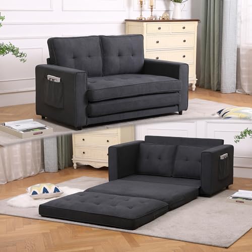 3-in-1 Upholstered Futon Sofa Convertible Floor Sofa Bed with Pull Out Sleeper Couch Bed - Foldable Tufted Loveseat Daybed for Living Room - Sofa Bed Couches for Living Room Furniture (Dark Gray)