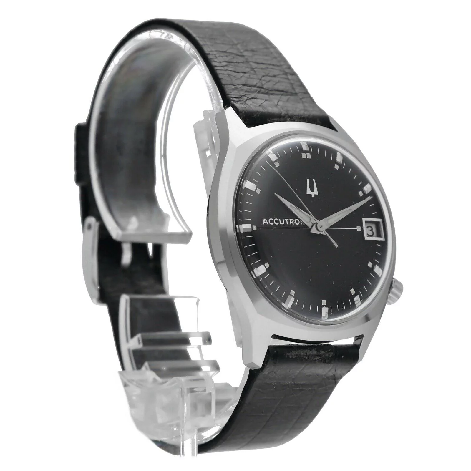 Vintage Bulova Accutron Date Stainless Steel Black Dial Tuning Fork Men's Watch