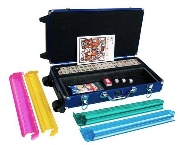 White Swan mAh Jongg - Ivory Tiles - Modern Pusher Arms - Wheeled Aluminum Case - Blue