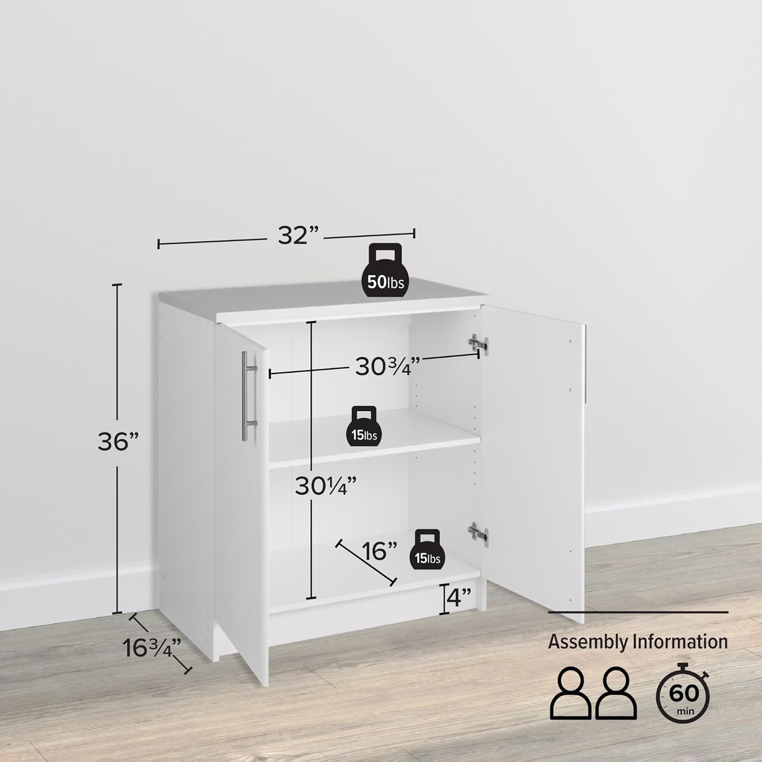 Prepac Elite 32" White Storage Cabinet and 54" Wall Mounted Cabinet Bundle