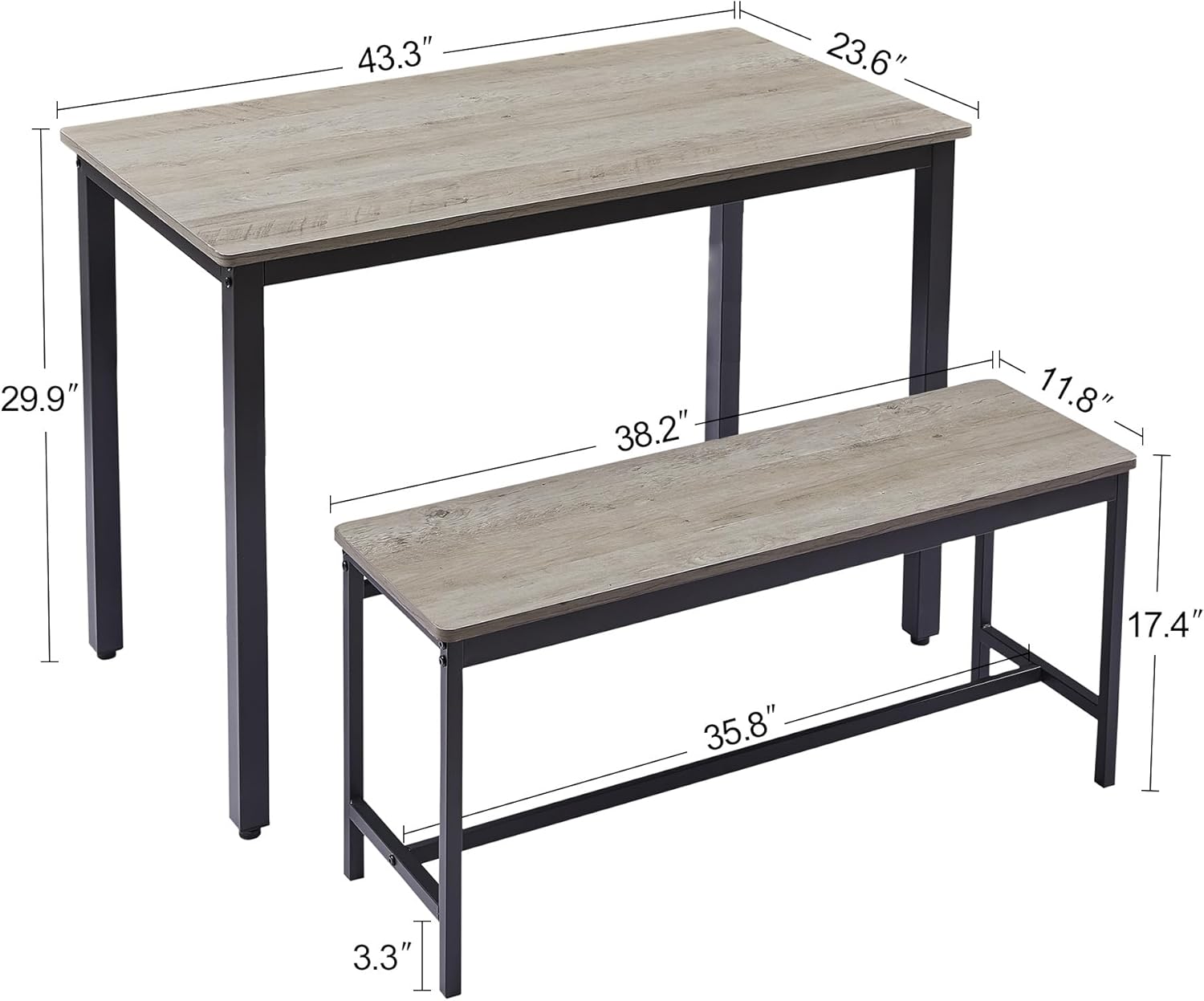 43.3 inches, 3-Piece Dining Furniture Set, Kitchen Small Dining Area with 2 Benches and Dining Table, Space Saving for 4 People, Gray and Black